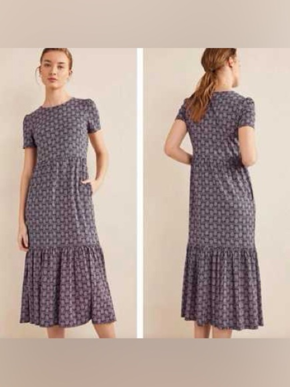 BODEN Petite 6 Emma Tiered Jersey Midi Dress French Navy, Paisley Heart